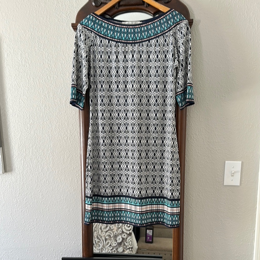 Max Studio Geometric Black, White, and Teal Dress